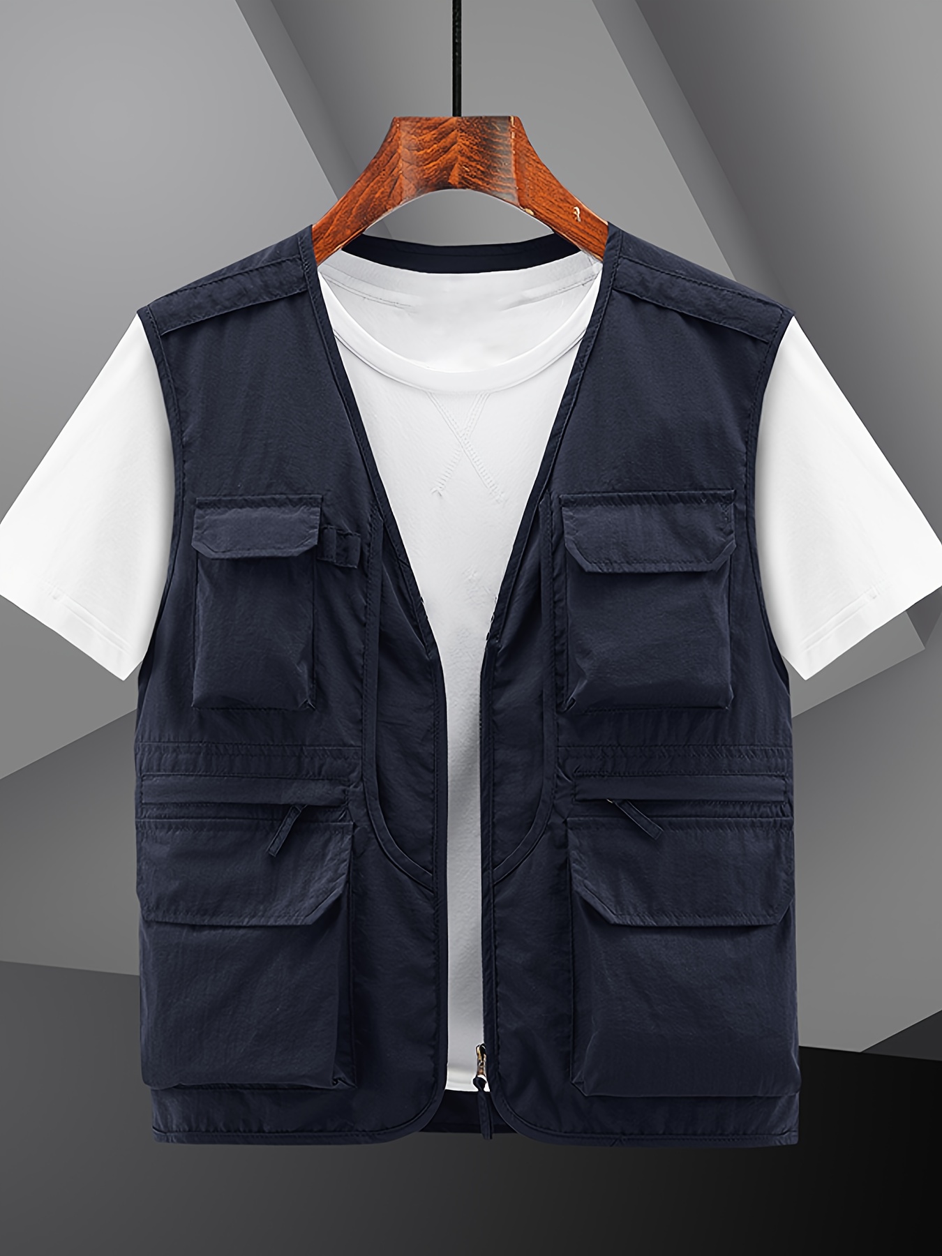 *'S Casual Utility Vest, Polyester Multi-Pocket Sleeveless Jacket,  Non-Stretch Solid Color, with Zipper, for Hiking, Daily Use, and Outdoor