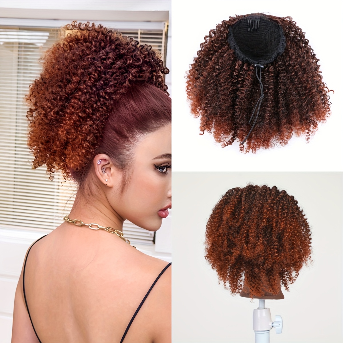 Image of 10-inch Afro Curly Ponytail Extension With Twist Knots - Synthetic Fiber Hairpiece, Includes 2 Clips, Black, Perfect For Height And To Styles, African Curly Net Pouch