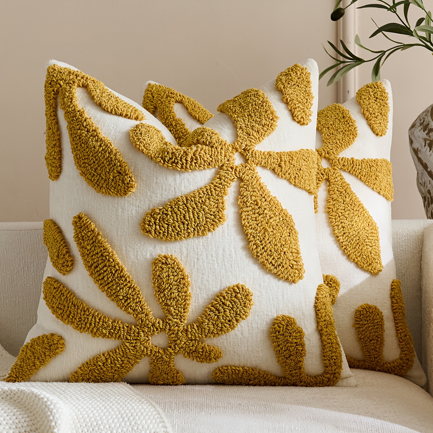 TEMU Lot de 2 taies d'oreiller capitonnées à motif de feuilles qui tombent, housses de coussin décoratives texturées de style bohème, rembourrage