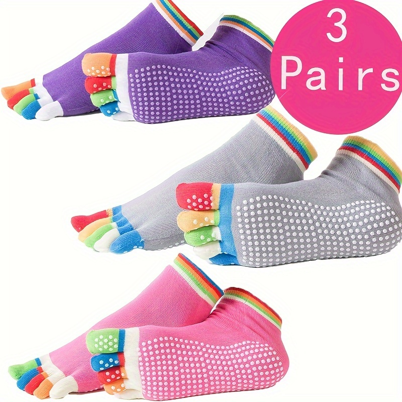 

3 Pairs Rainbow 5 Fingers Socks, Sports Non-slip Striped Ankle Socks, Women's Stockings & Hosiery