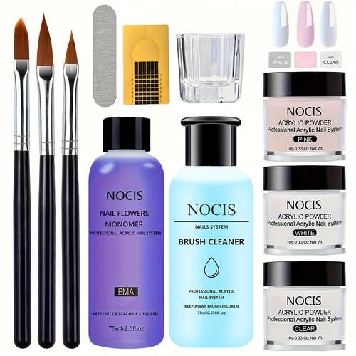 quality acrylic nail kit with clear nude powder non yellowing liquid brush cleaner professional nail art tools for a look at home