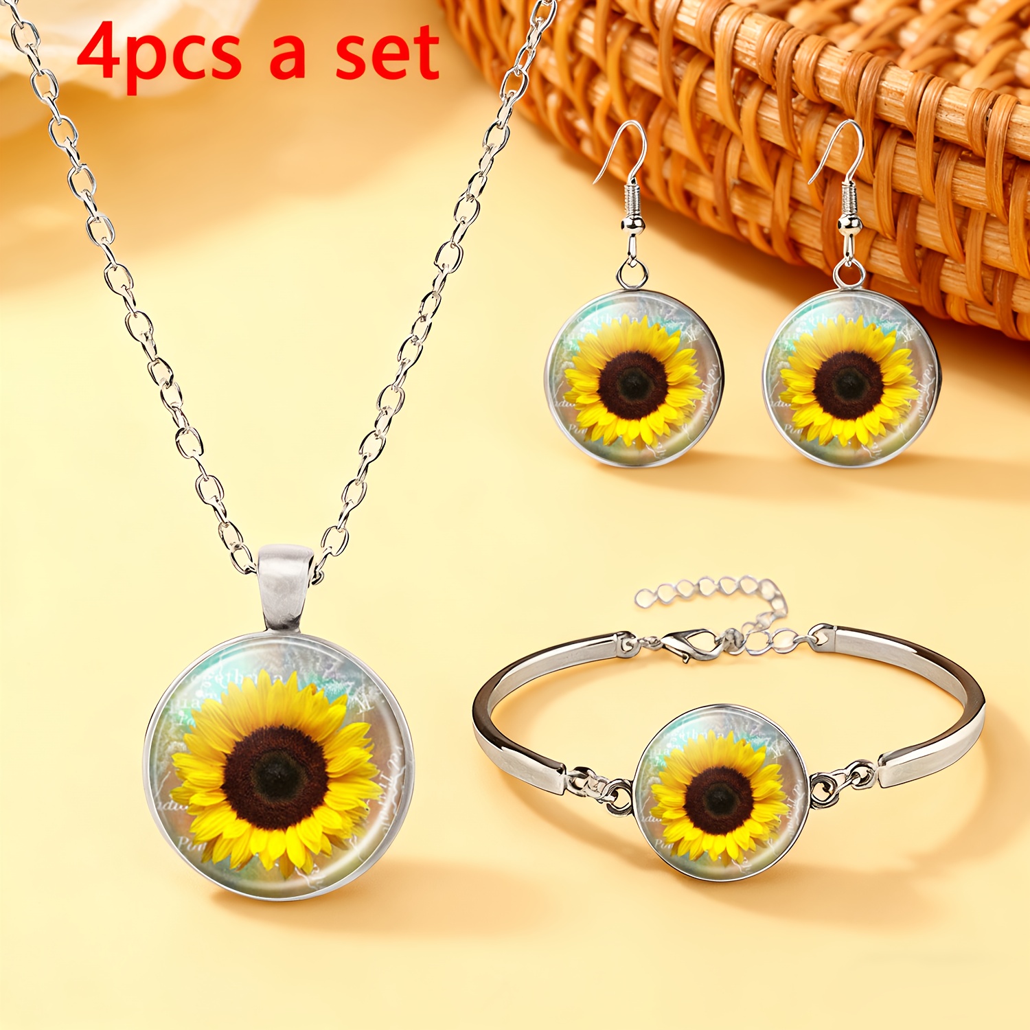 TEMU 4pcs White Jewelry Set: 1 Necklace, 1 Bangle Bangle Bracelet, 1 Pair Of Stud Earrings. Features A Circular Motif With Sunflower- Against A Dark