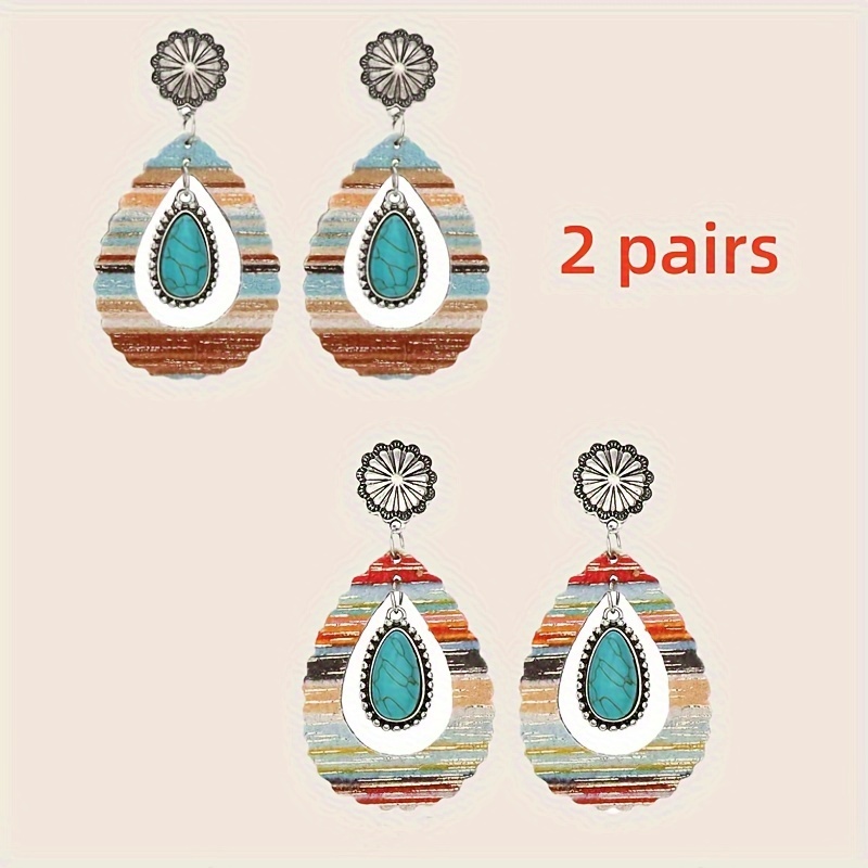 

Bohemian Artificial Leather Turquoise Floral Drop Earrings, Boho Style Colorful Striped Printed Pattern Artificial Leather Hollow Teardrop Dangle Earrings For Women, Gifts For Her