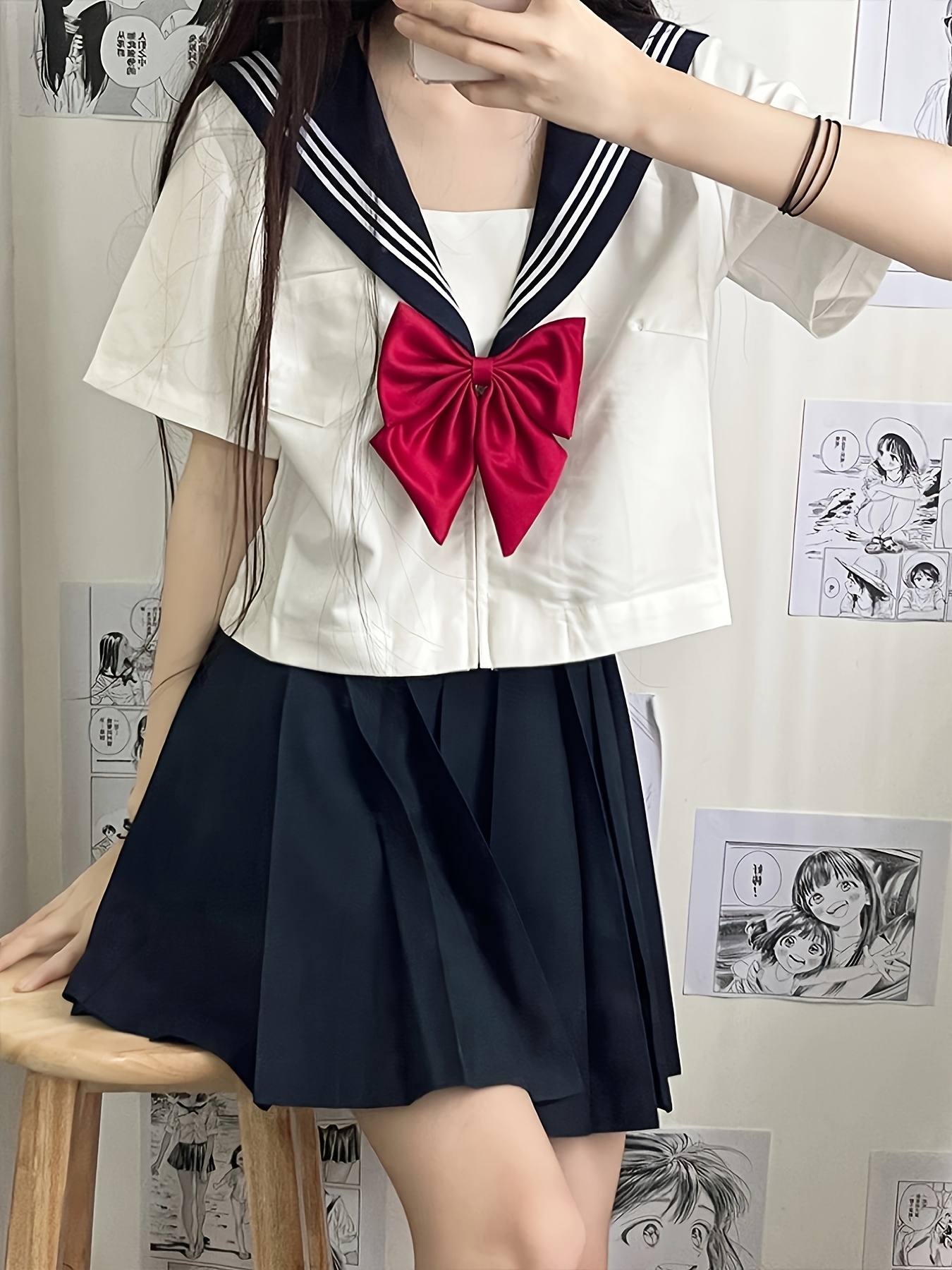 Women'*-Style School Uniform with Red Bow Black Skirt, White Blouse,  Short Sleeve, Polyester Blend Spring/Summer, School Uniform