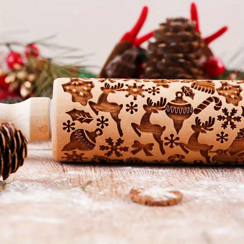 christmas themed wooden rolling pin set 13 7 embossing dough - Temu