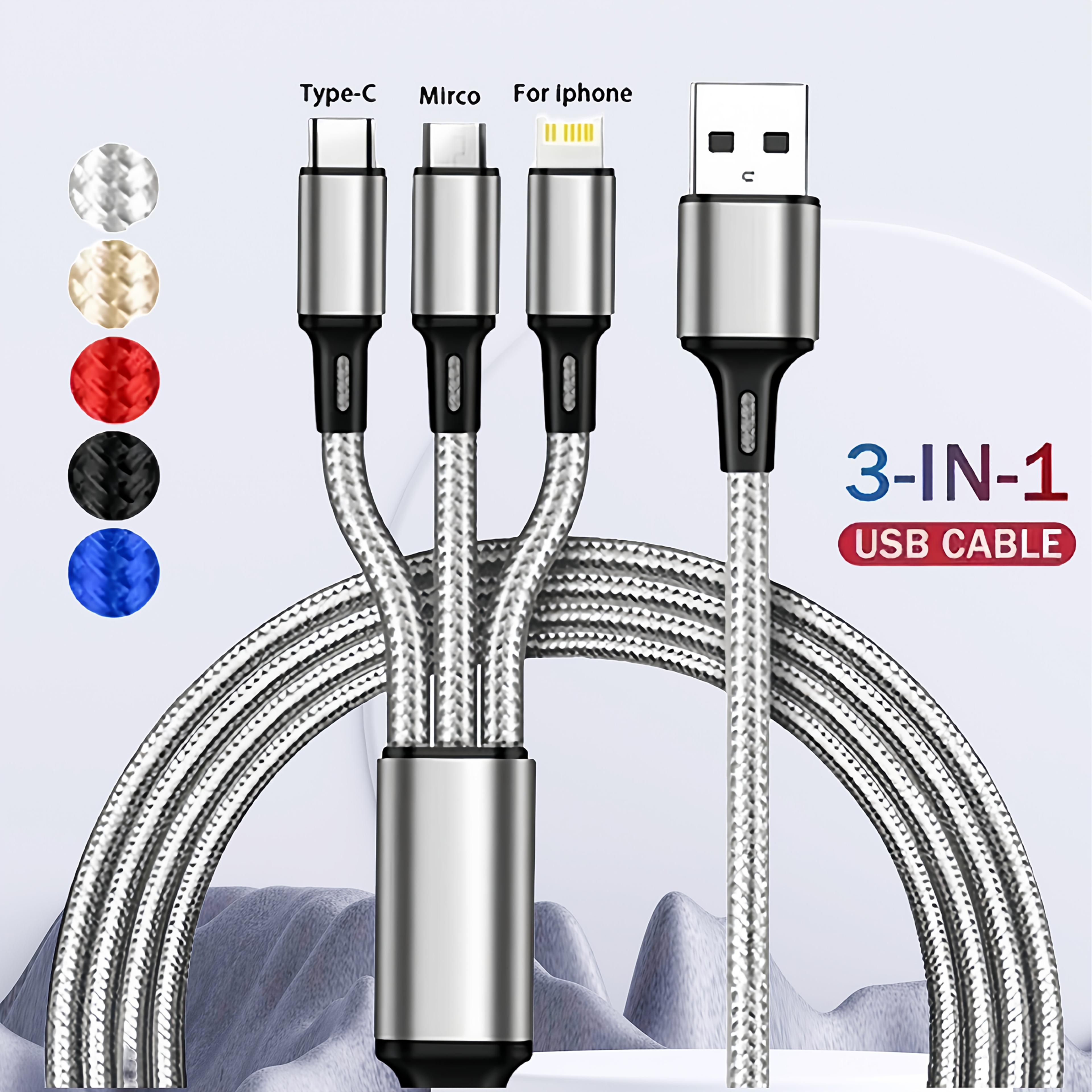 3 in 1 multi charging cable nylon braided portable charging cord compatible with for ios type c micro usb ports