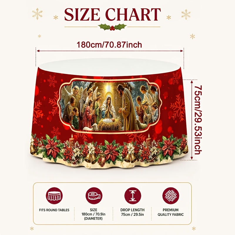 TEMU 1pc Christmas Tablecloth, The Nativity Of And Poinsettia Pattern Rectangular Polyester Xmas Table Skirt, 5 Hook-and-loop Fasteners Festive