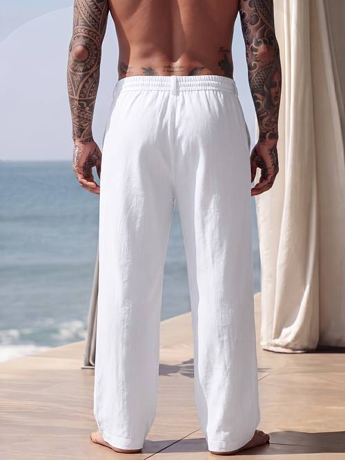mens old money style linen trousers high waisted straight leg loose fit pants with double beltless design suitable for casual gym office training breathable machine washable solid