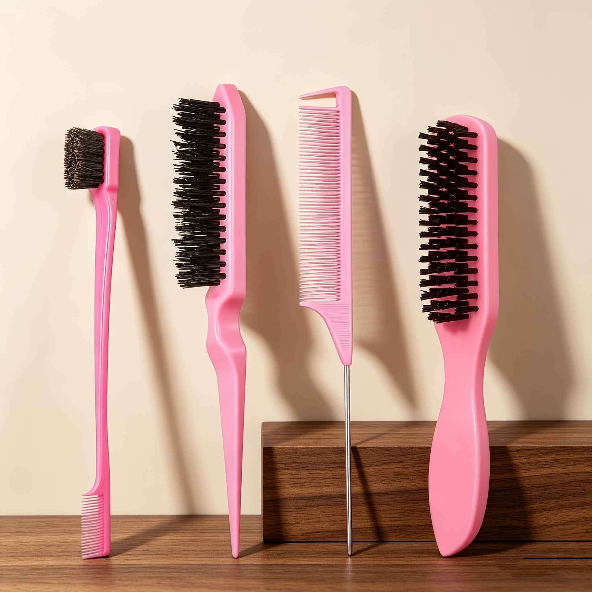 TEMU 4pcs Comb Styling Set With Steel Needle Pointed Tail Comb, Nylon Hair Brush, Edge Control Brush, Suitable For Various , Suitable For Men And
