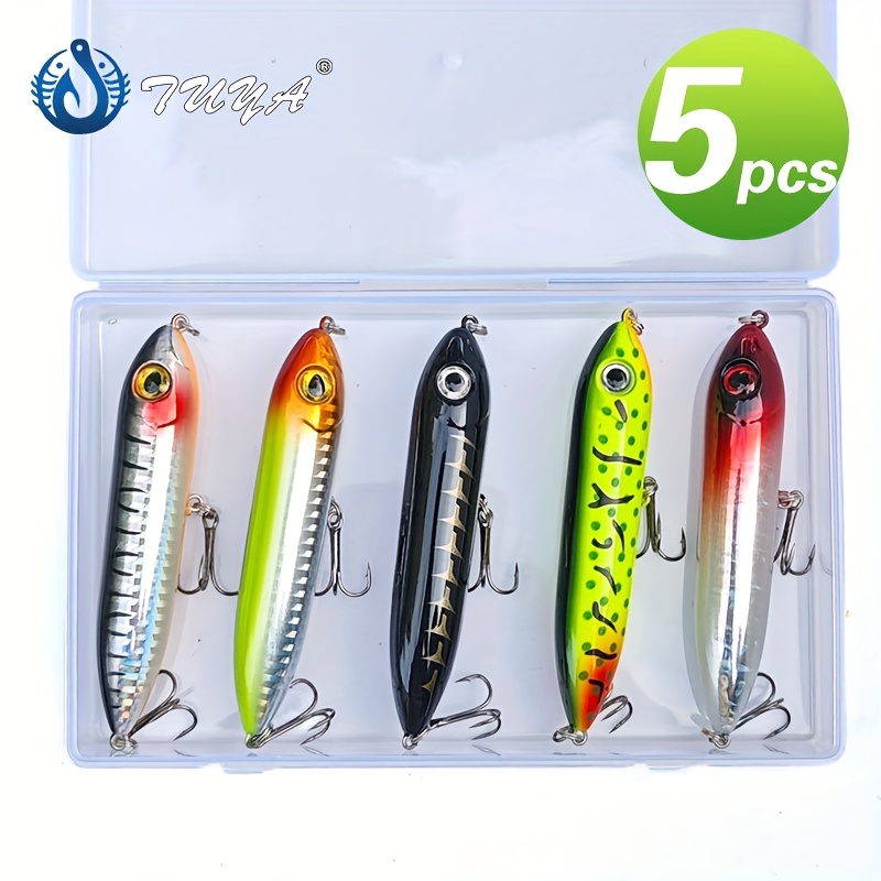 TEMU 5pcs Lure Baits Artificial Lures, Floating Pencil Style Puppy Far Casting Lure Set Japanese 13g Fake Bait Freshwater Sea Fishing Surface Type Lures Fishing Supplies
