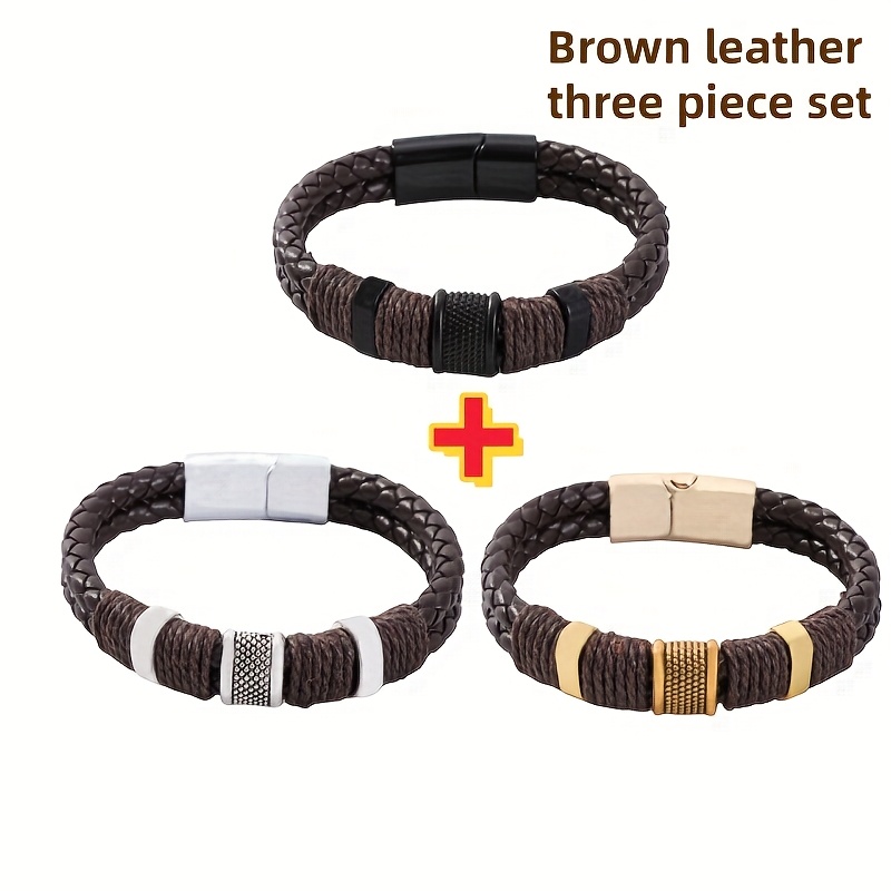 New Retro Multi-Layer Faux Leather Men'S Bracelet, Faux Beaded Bracelet, Jewelry Wrist Bracelet Gift, Father'S Day Gift, Christmas Gift