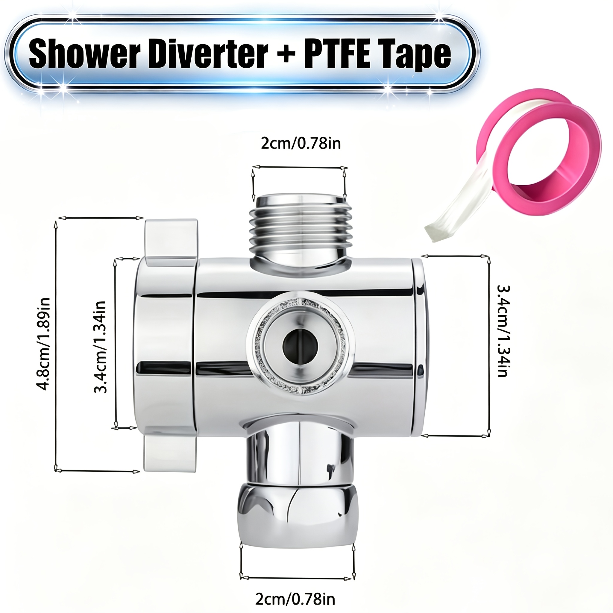 TEMU 3-way Shower Splitter And Valve 2pcs Set With Sealing Thread | 1 In 3 Out Water Path Free Switching, Easy Switching Between Overhead Spray And