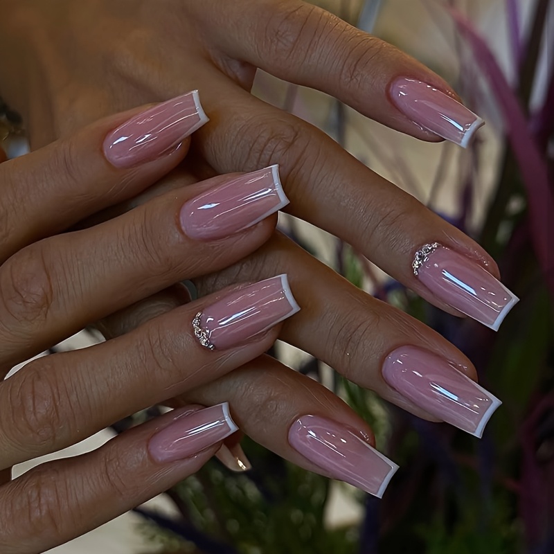 24pcs Medium Square Press On Nails White Tip Nails Ballerina With Rhinestone Decorated Luxurious Full Cover For Women Fake Nails Art Charm Party Dating