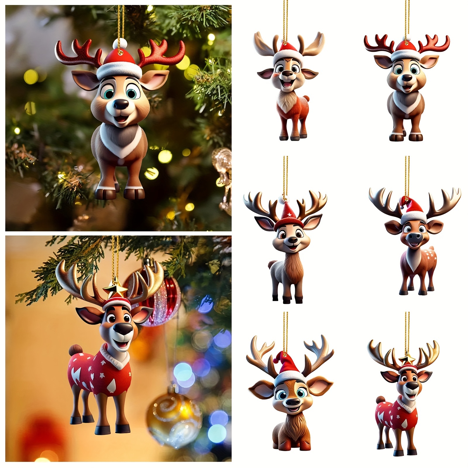 

6-pack Acrylic Christmas Tree Ornaments - Cartoon Reindeer Design, Festive Car & Backpack Decor, Holiday Hanging Decoration