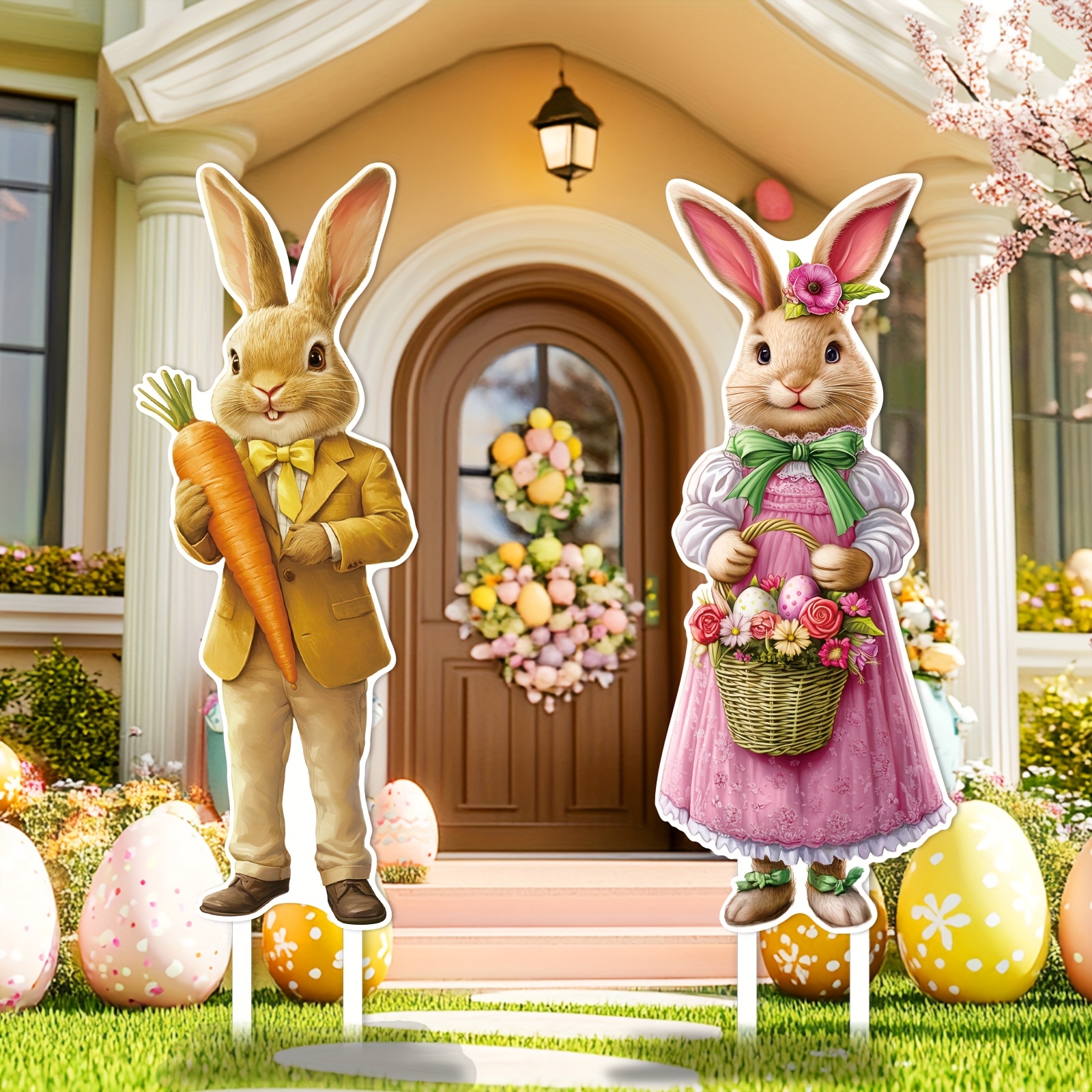 

2pcs Easter Outdoor Lawn Yard Sign Featuring A Large Rabbit Measuring 31.5in*12.5in, Decorating , Yards, Gardens, And Parties. Yard Stake.