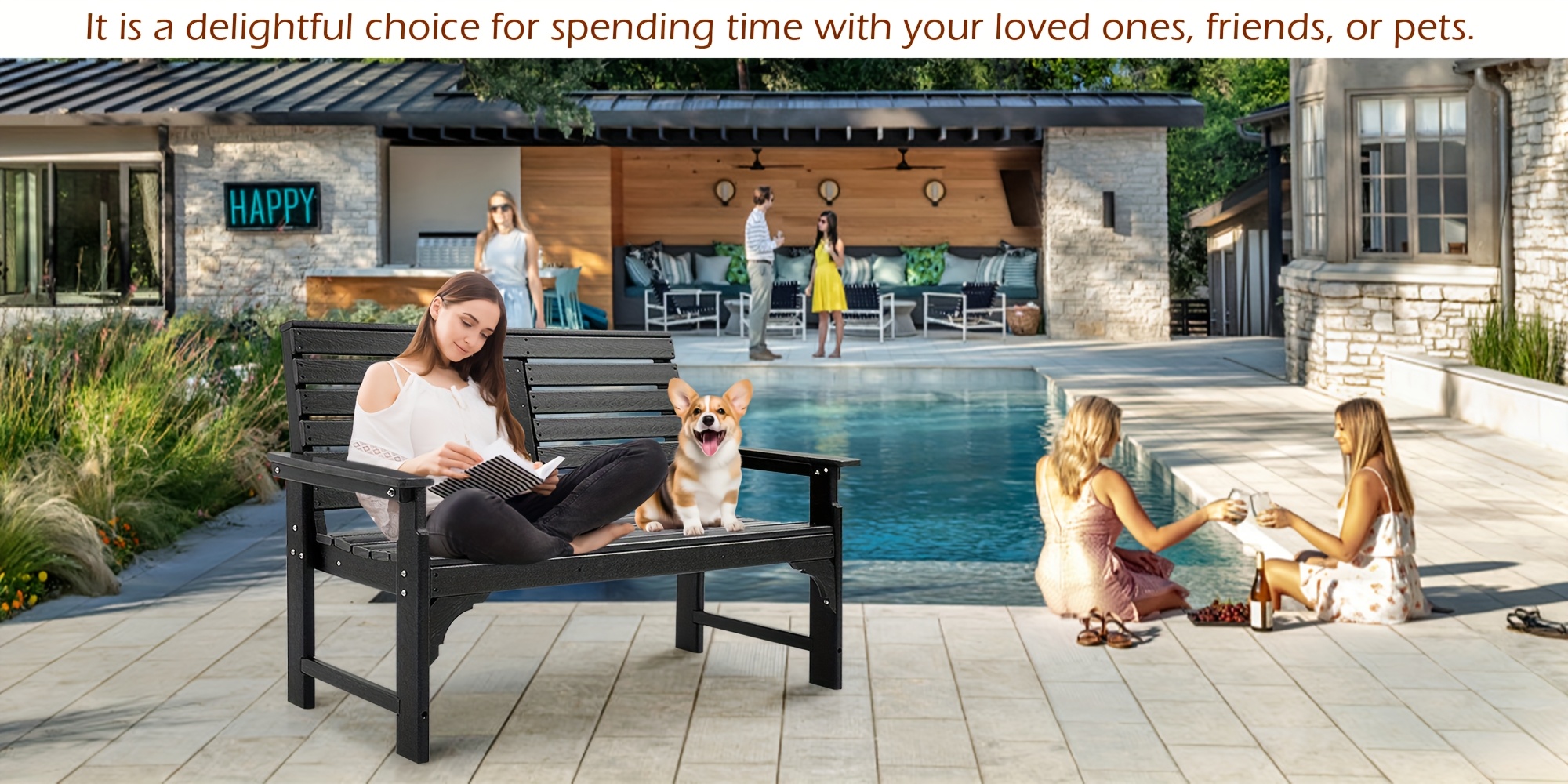 HDPE All Weather Outdoor Patio Bench Furniture With Cup Holders, 2-3 Persons Garden Bench With 700 Lbs Weight Capacity, Patio Benches For Outdoors, Garden, Porch, Backyard And Park