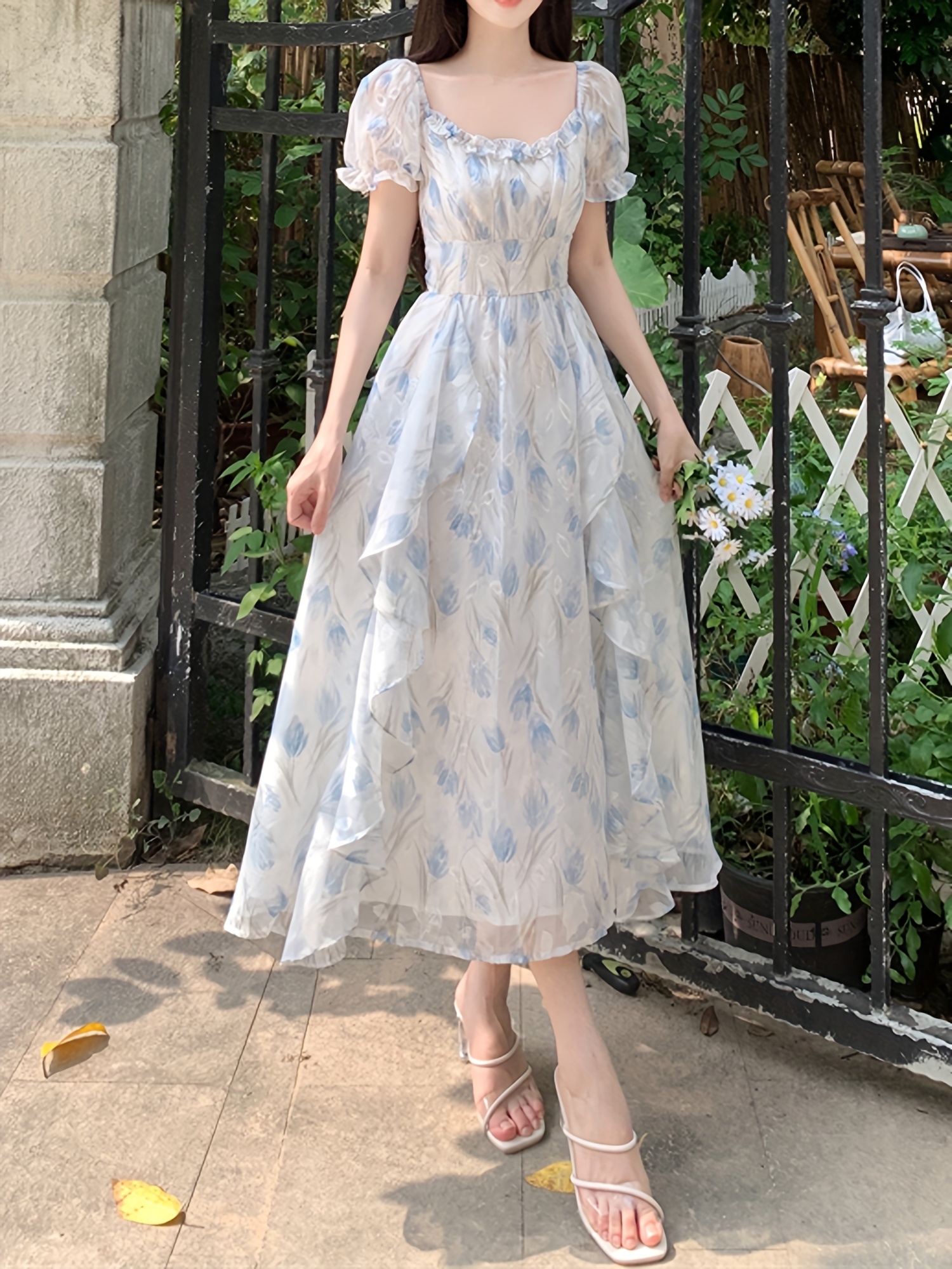 glossy jacquard floral chiffon midi dress women romantic