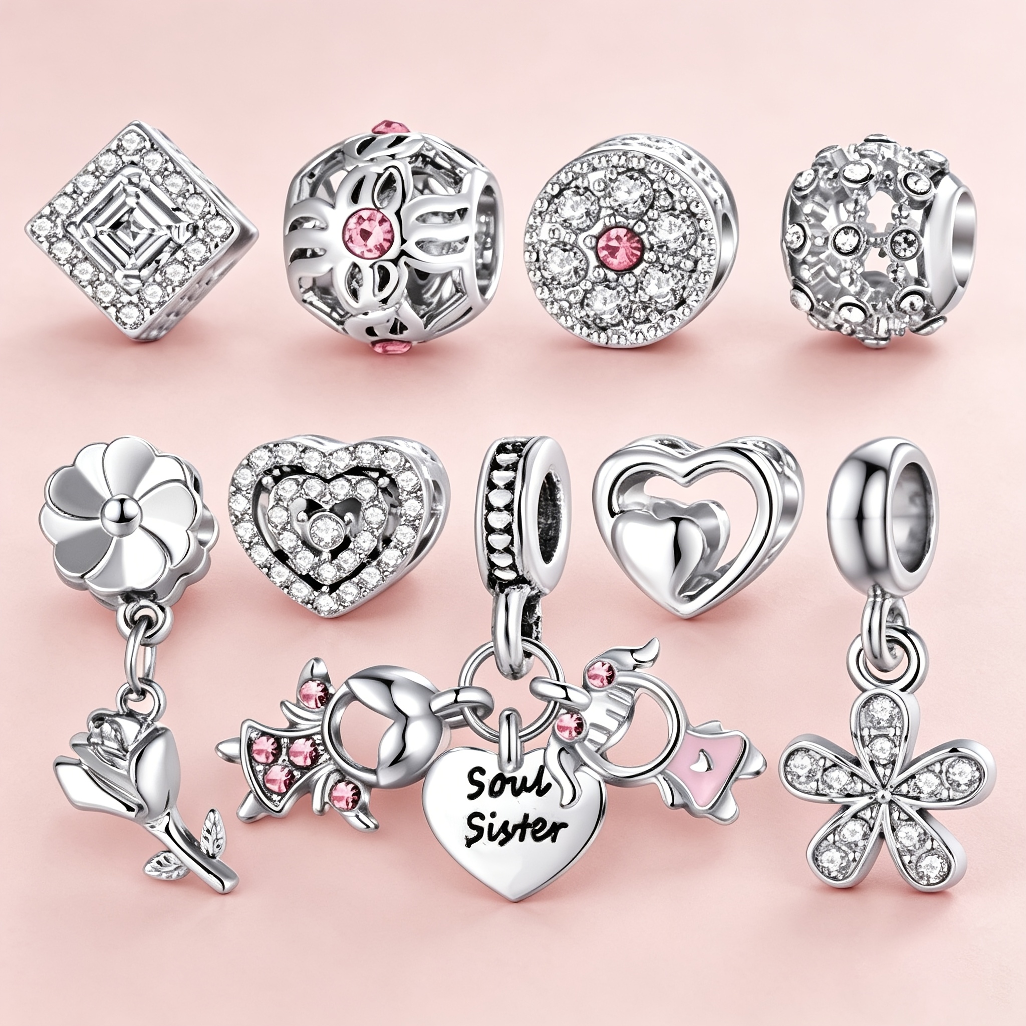 TEMU 9pcs Soul Sisters And Rose Pendant Beads, Inlaid With Pink And Transparent Zirconia, Hand Beads, Used To Make Necklaces, Bracelets And Other