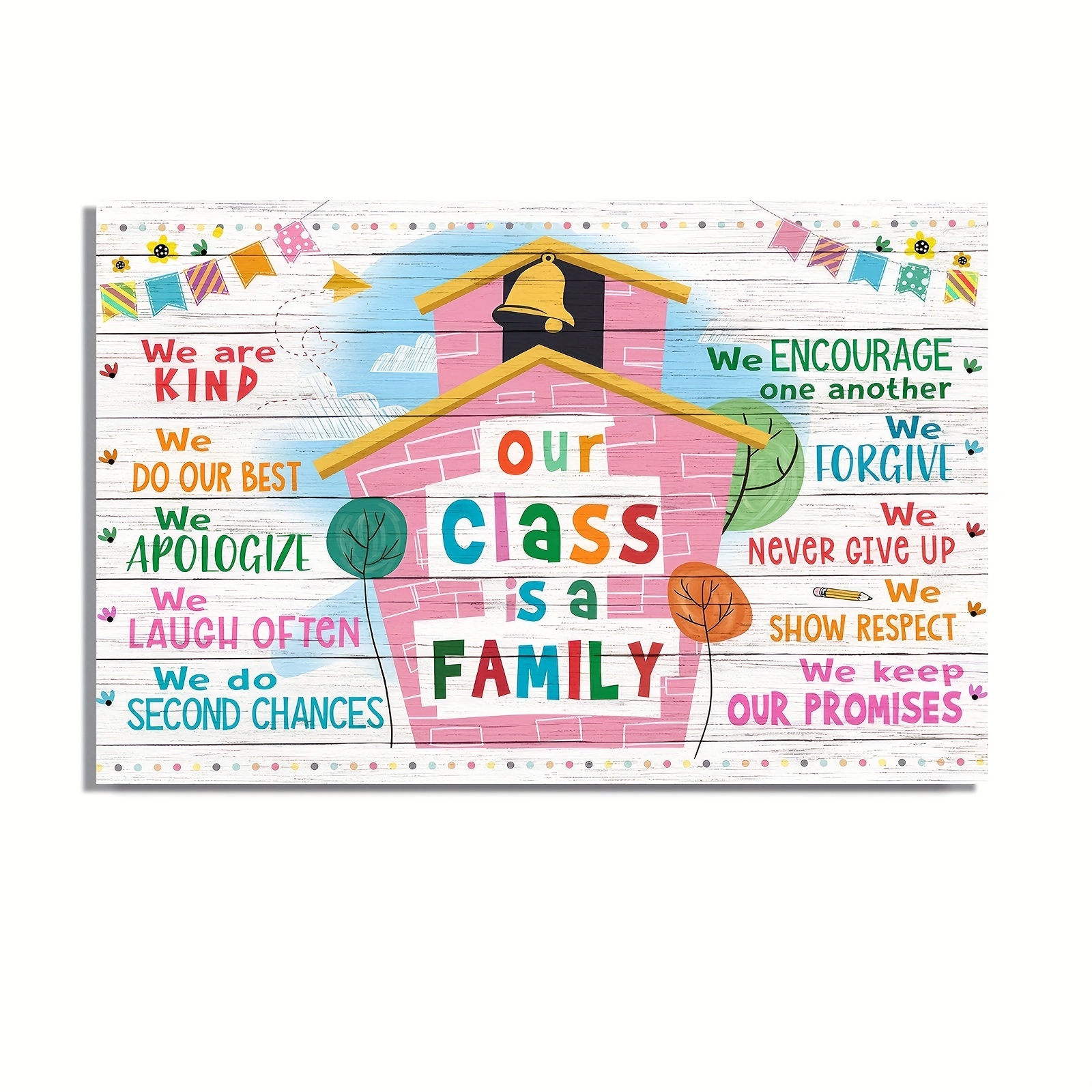 TEMU Art mural plat 2D, 1pc Art mural plat 2D "Notre classe est une famille" | 30.48X45.72 Cm, Citations inspirantes colorées, Toile cadre, Parfait