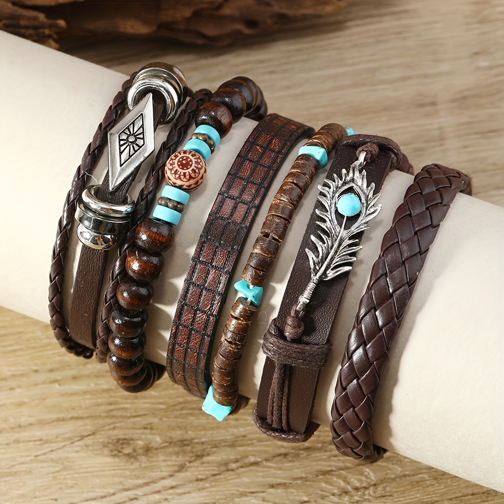 

Vintage Bohemian Style Bracelet Set - Pu Leather Wristbands With Turquoise & Feather Charms, No Mosaic Material - Stackable Unisex Jewelry - 6 Piece Set