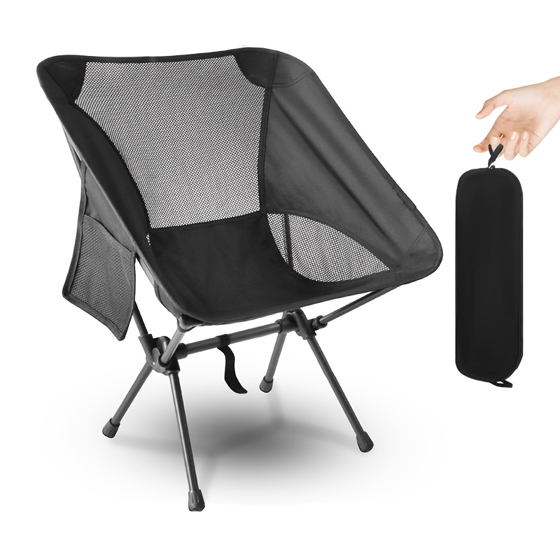 TEMU 1pc Folding Camping Chair, Ultra-lightweight Portable Mesh Moon Chair, 150kg Capacity, Black, , Oxford Cloth Seat, Suitable For Camping, Hiking,