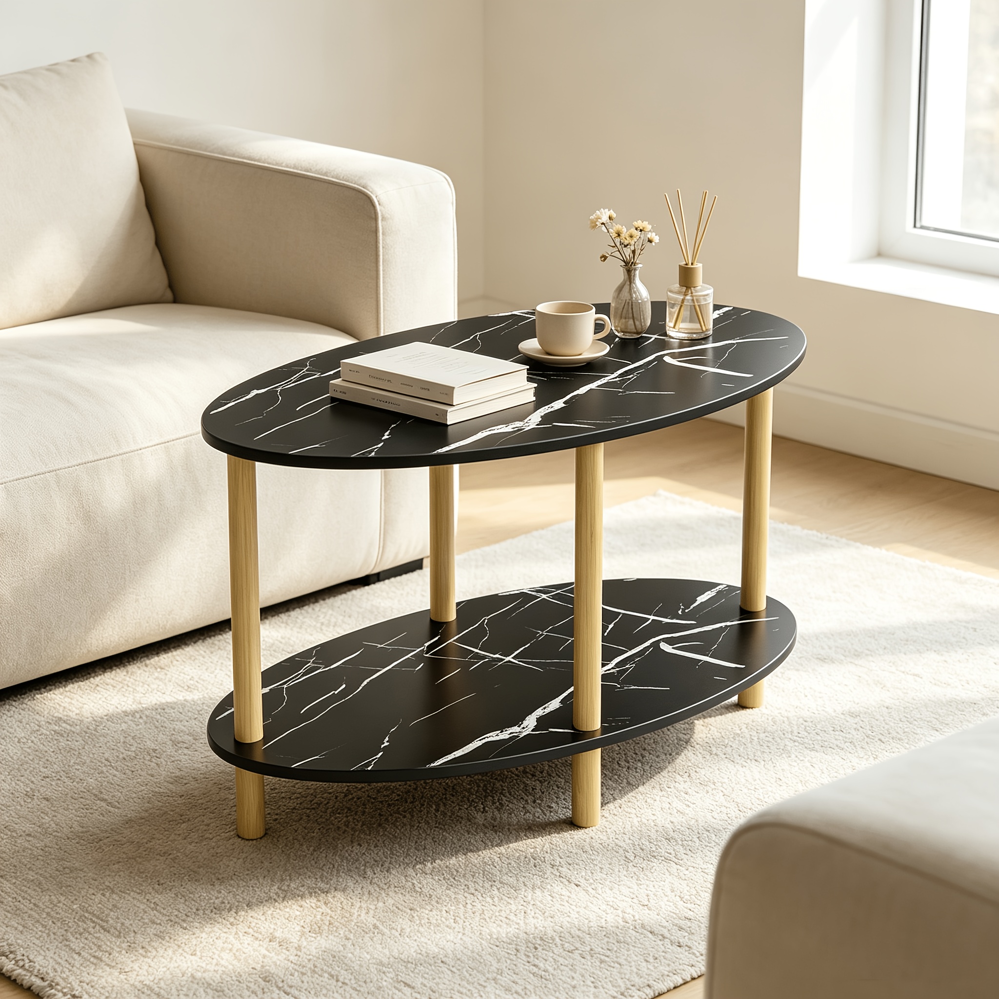 Image of Oval Coffee Table With Open Storage Shelf, 2-tier Wood Grain Center Table For Living Room, Farmhouse Tea Table With Sturdy Legs, For Apartment, Small Spaces, Easy Assembly (black)