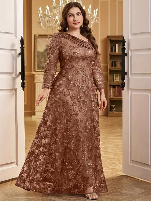 Plus Size * Cut Floral Pattern Small V-Neck Pleated Purple Starry Sky Tulle Sequin Embroidered Elegant and High-End Evening Gown Dress Plus Size * Cut Floral Pattern Small V-Neck Pleated Purple Starry Sky Tulle Sequin Embroidered Elegant and High-End Evening Gown Dress