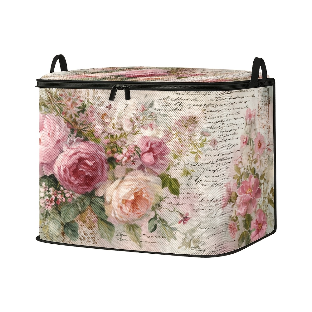 1pc large capacity lidded storage box for clothes pink floral and   text pattern print large foldable storage bag suitable for blankets quilts and clothes sturdy zipper   gift holiday gift under bed storage