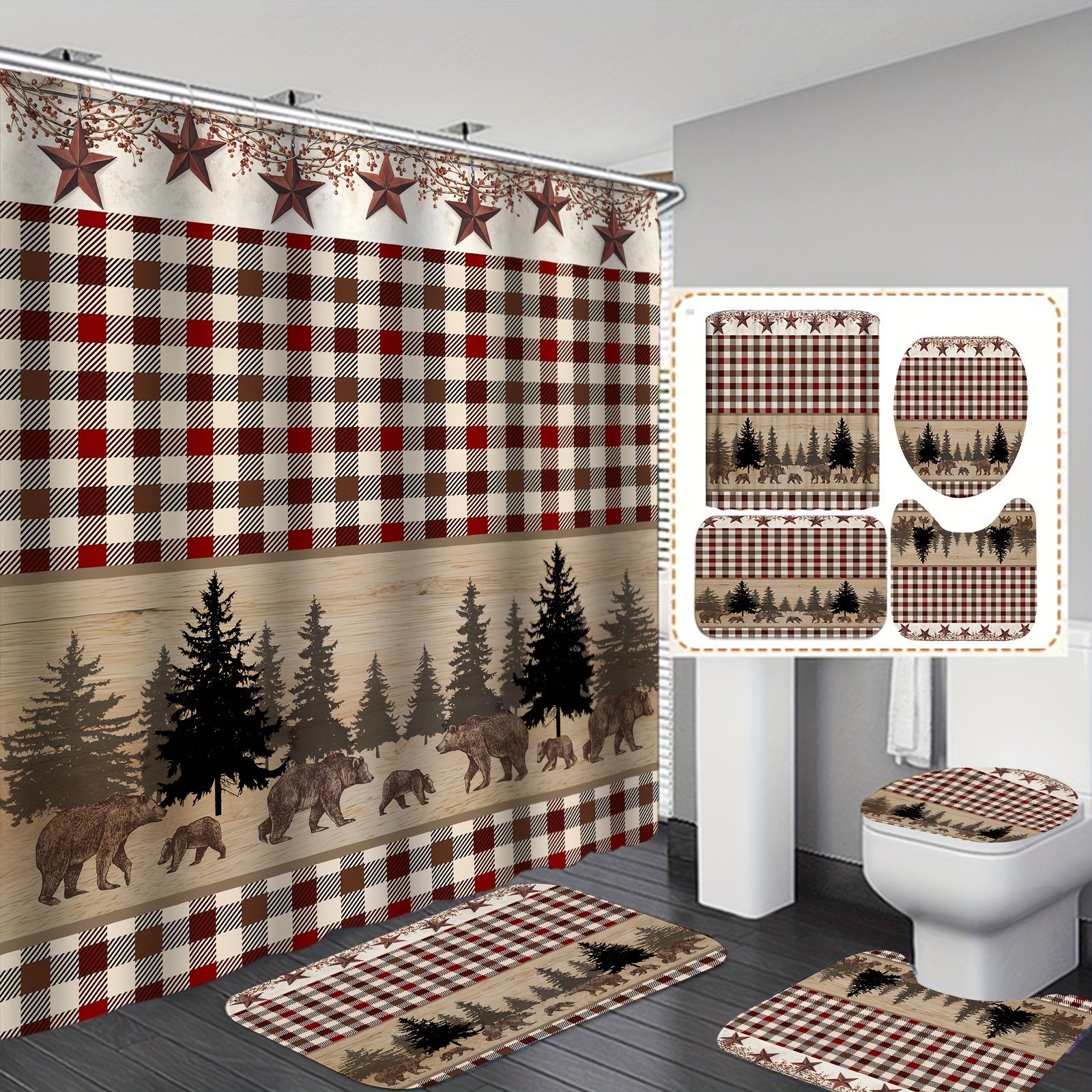 

4pcs Brown Bear Shower Curtain Set, Brown Vintage Shower Curtain, Bathroom Complete Set, Home Decor