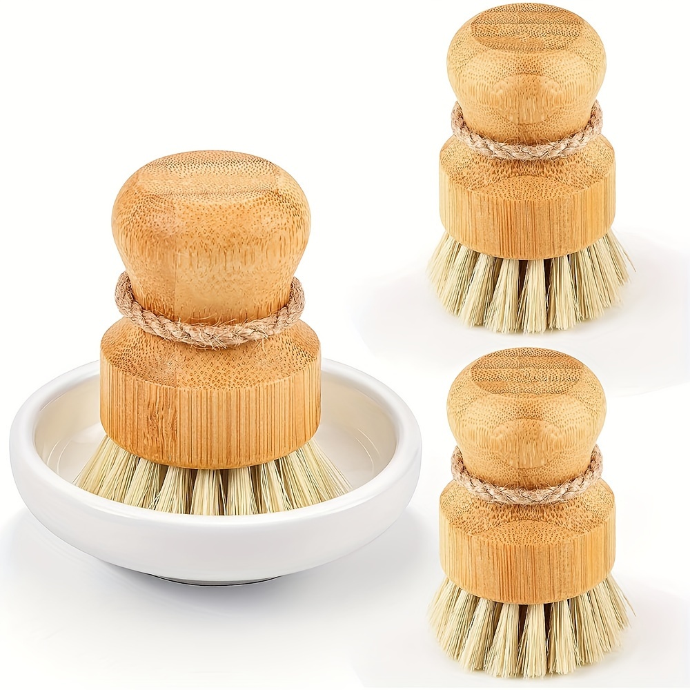 

Bamboo Brush Set With Ceramic Dish: Kitchen And Bathroom Cleaning Tools - Natural Wood, Sisal Bristles, And Cast Iron Scrubbers