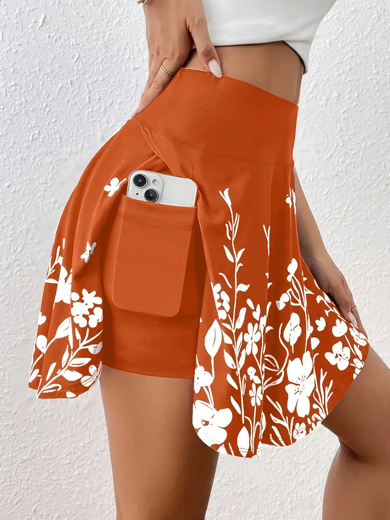 Women'S Tangerine-red High-Waisted Skirt with Phone Pockets