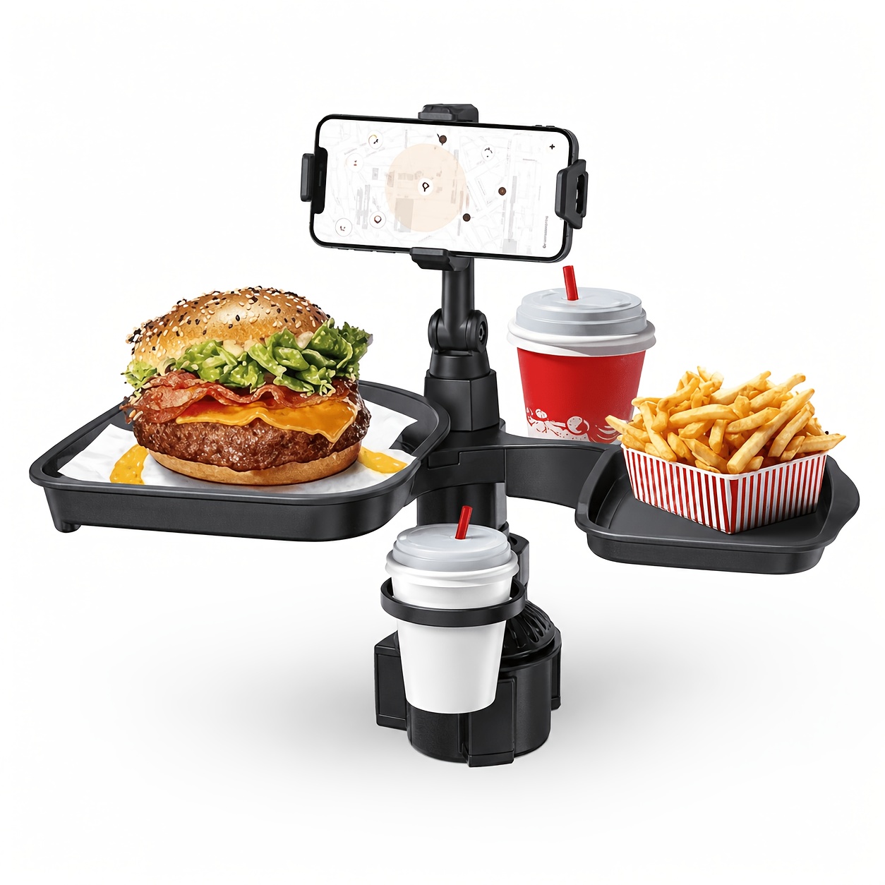 TEMU Car Cup Holder Expander With Phone Holder, Dual Storage Trays And Drink Cup Slot, 360° Rotatable Food Tray Organizer, Universal Adjustable Cell