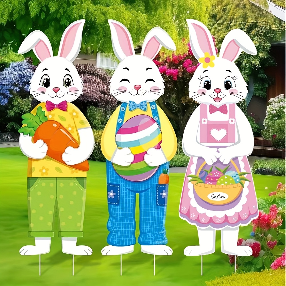 

3-pack Easter Bunny Yard Signs, 32x10 Inch Plastic Freestanding Outdoor Decorations, Spring Holiday Lawn Accents For Home Pathway , No Electricity Needed, Featherless