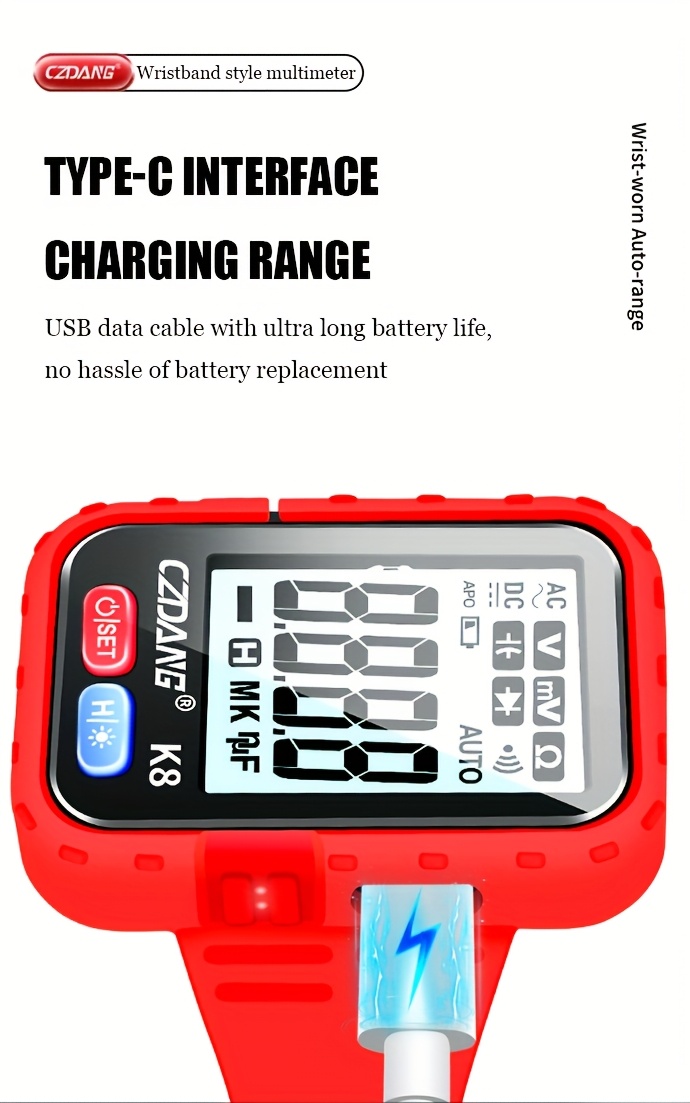 1 unidad CZDANG Multímetro Digital Tester de Muñeca - Mini Multímetro Portátil Wearable para DCV/ACV, Resistencia y Continuidad con Pantalla LCD, Recargable via USB, Diseño Compacto para Electricistas, DIY, Trabajo de Campo, Herramienta Electricista, Herramienta Moderna, Electrónicos Durables