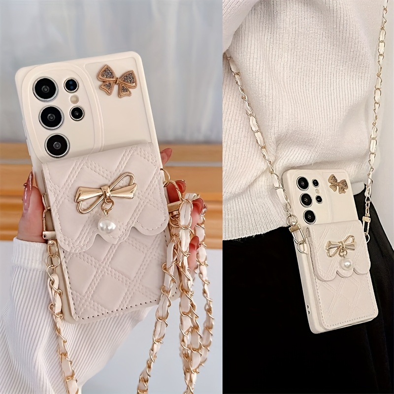 

Luxury 3d Rhinestone Bowknot Pearl Crossbody Lanyard Card Bag Phone Case For S25 S24 S23 A55 A15 A35 Full Cover Solid Case Anti-fall Shockproof Protective Case