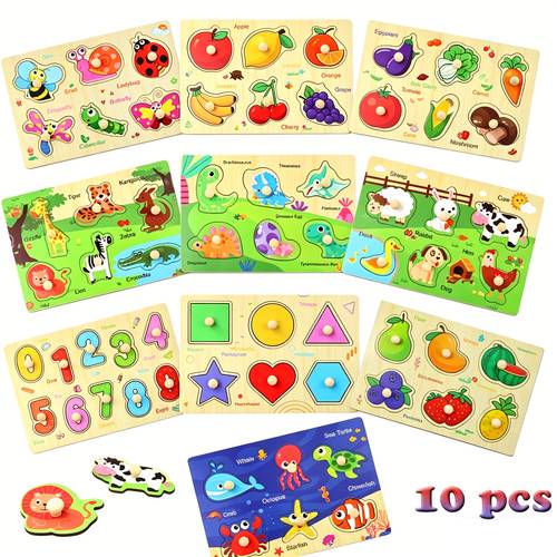 10 pack wooden peg puzzles for toddlers learning puzzles for kids wooden toddler toys with alphabet number animal vehicle shape