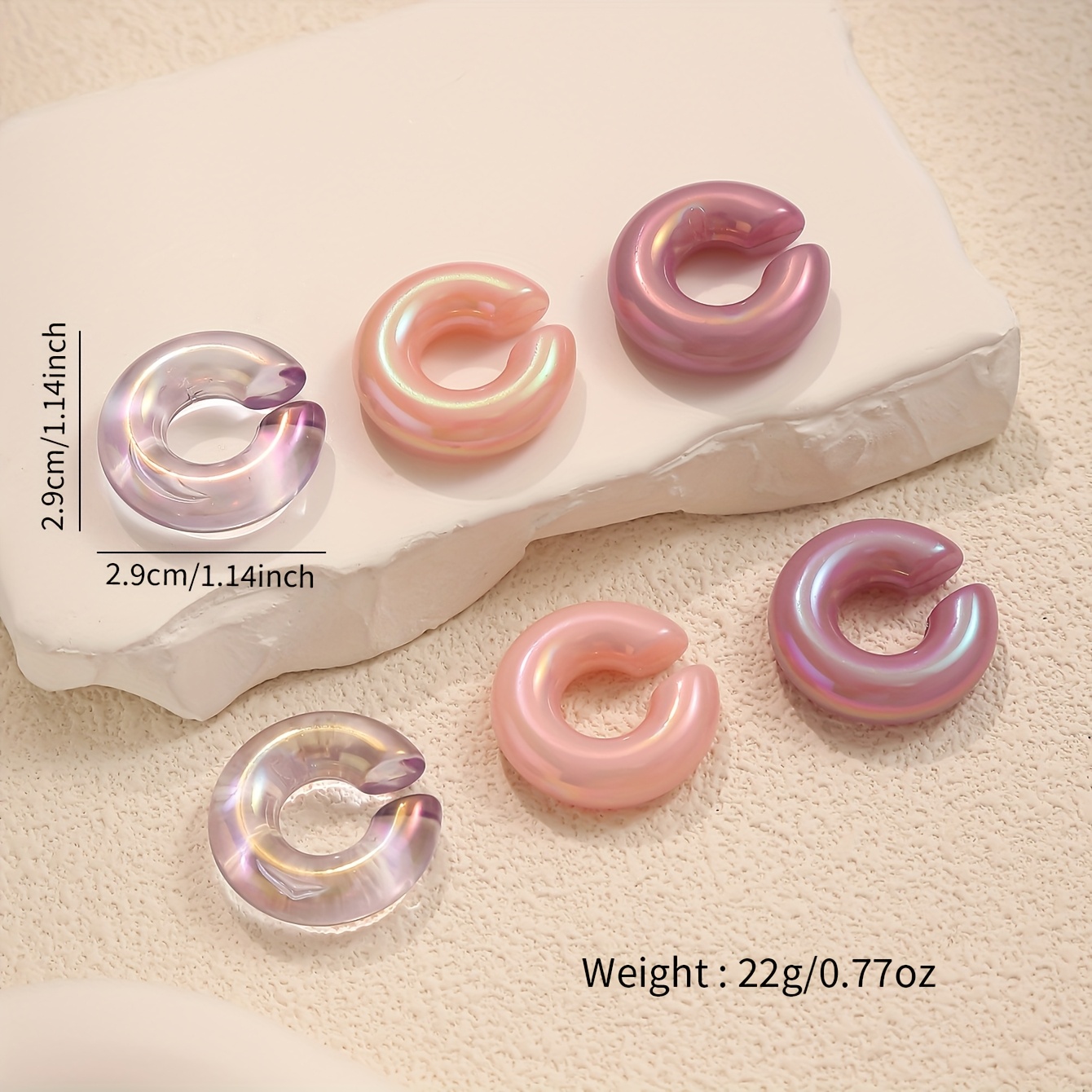 6pcs Women's Clip On Earrings Candy Colored C Shaped Hoops Lightweight Resin