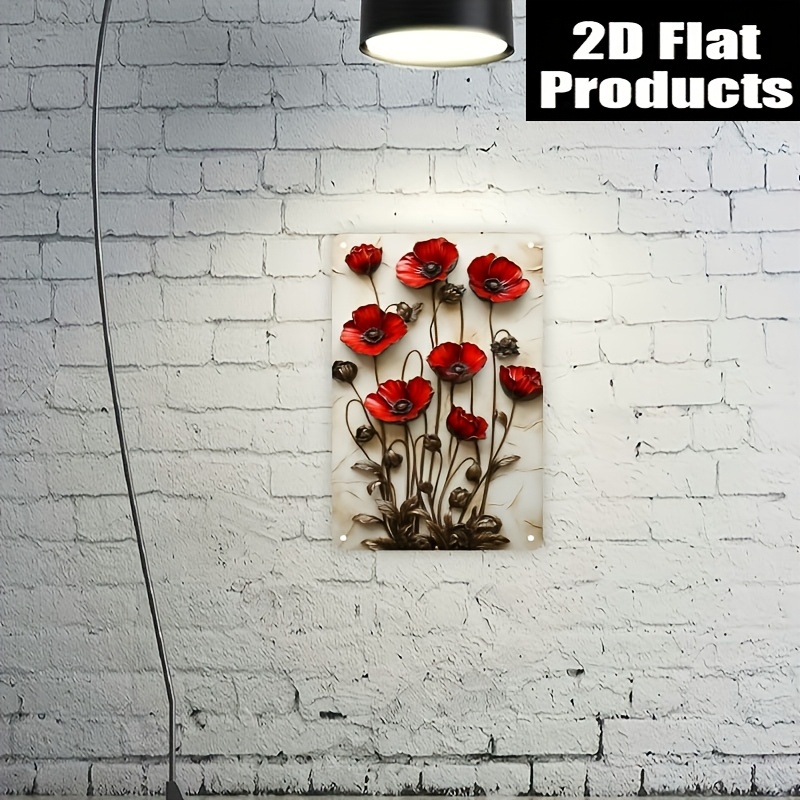 TEMU 2d Flat, A Gift Suitable For All ! Vintage-style Red Poppy Aluminum Wall Art Decor, 7.8x11.8 Inches Wooden Floral Decoration Featuring Vibrant