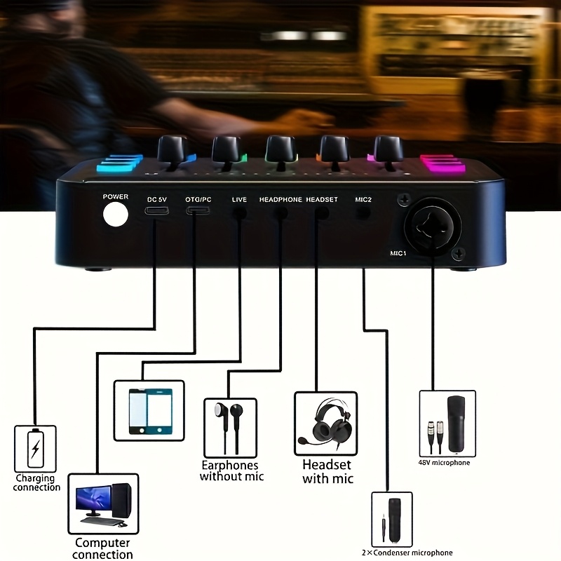 ميكسر لعبة، ميكسر بث مع واجهة ميكروفون XLR، ميكسر RGB للكمبيوتر مع تحكم في مستوى الصوت، 48 فولت للطاقة الخفية للاستخدام في البث/التسجيل/صوت الألعاب