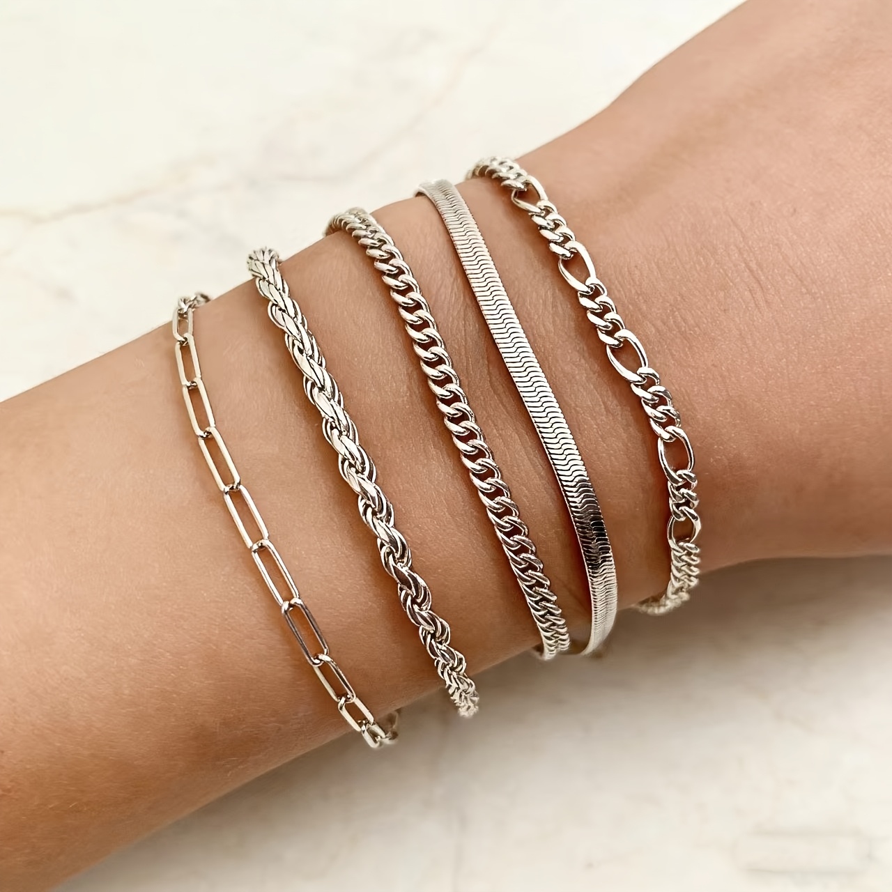 TEMU 1pc S925 Sterling Silvery Bracelet, 5pcs Set, Combinations, Exquisite , Suitable For Wearing In Occasions.