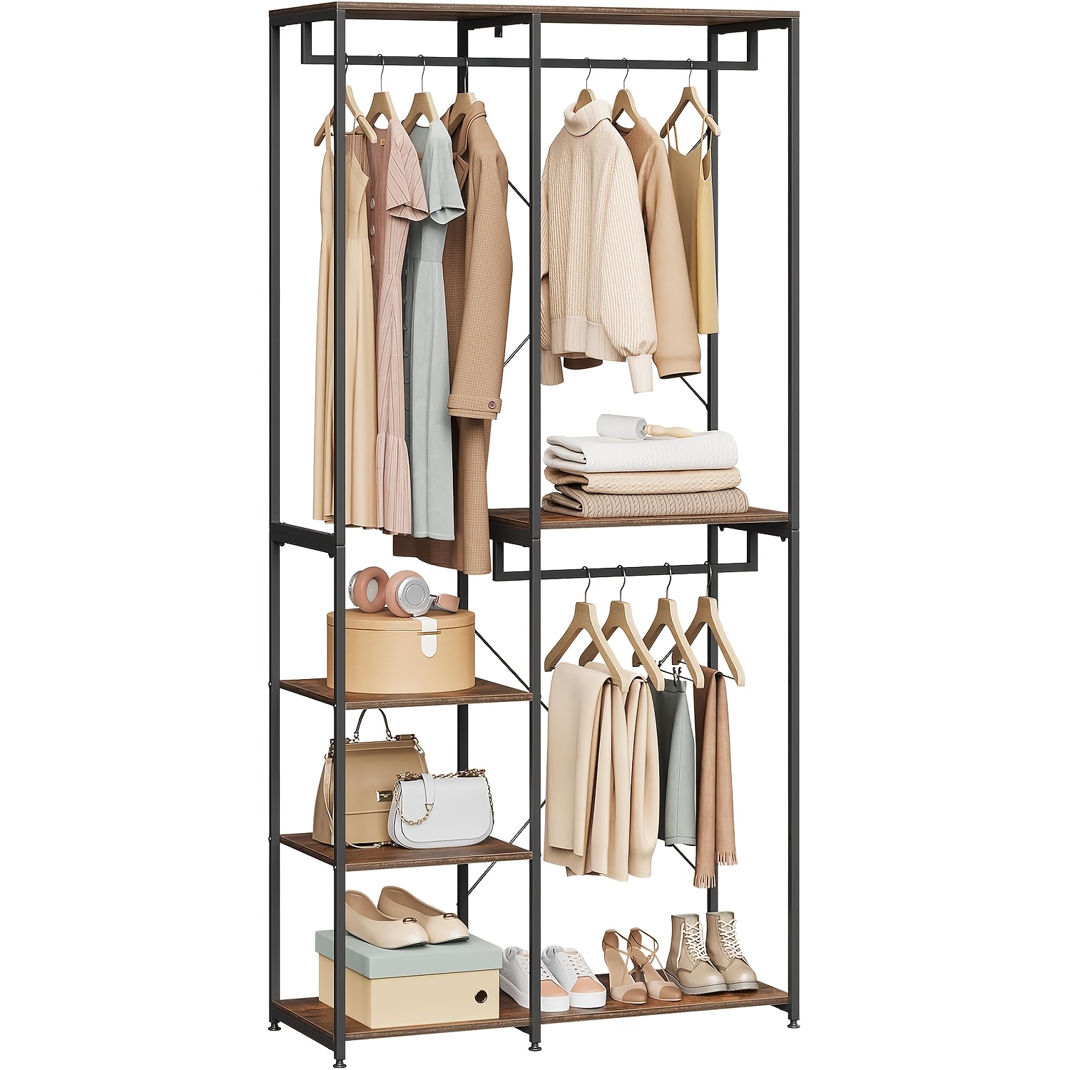 Image of A Freestanding Coat Rack With A Shelf, Featuring An Industrial Barn Design, Made Of Of Wood And Metal, Suitable For Open Clothing Storage In Bedrooms, , And , In Multiple Colors