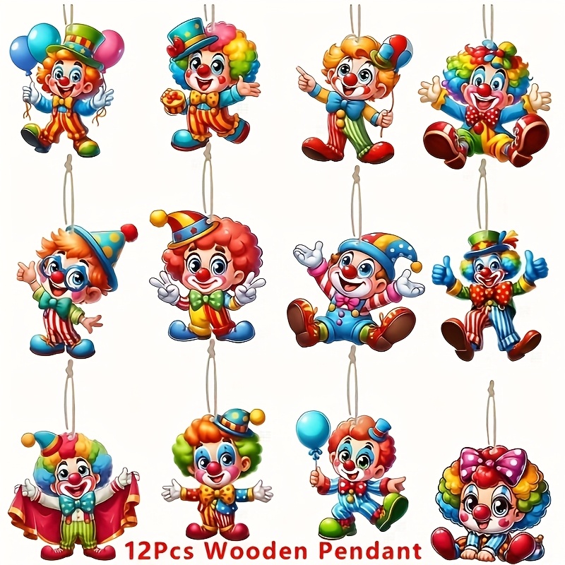 

12pcs Vibrant Carnival Clown Wooden Hanging Ornaments - , Acrobatic Clown Decorations For Easter, Spring, Day, Graduation & Fall - Ideal For Classroom & Party Decor