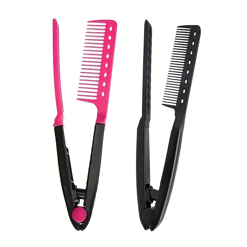 TEMU 2pcs V-shaped Straightening Combs With Clips - Professional Salon & Diy Hair Straightener Tools, Foldable Design, Abs Plastic Handle & Durable