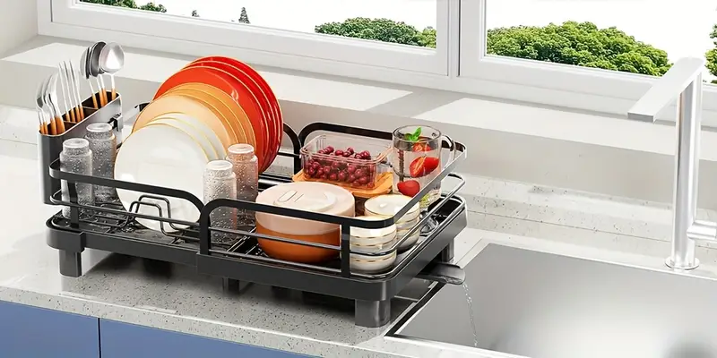expandable dish drying rack extendable dish rack with spout collapsible dish dryer black large dish drainer for kitchen counter foldable dish drainer drying rack with cutlery holder Product details 3