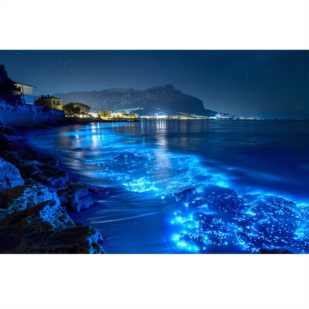 

Diy 5d Diamond Painting Kit - Seaside Night Scene, Fluorescent Landscape Art, Round Acrylic Gems, Wall Decor