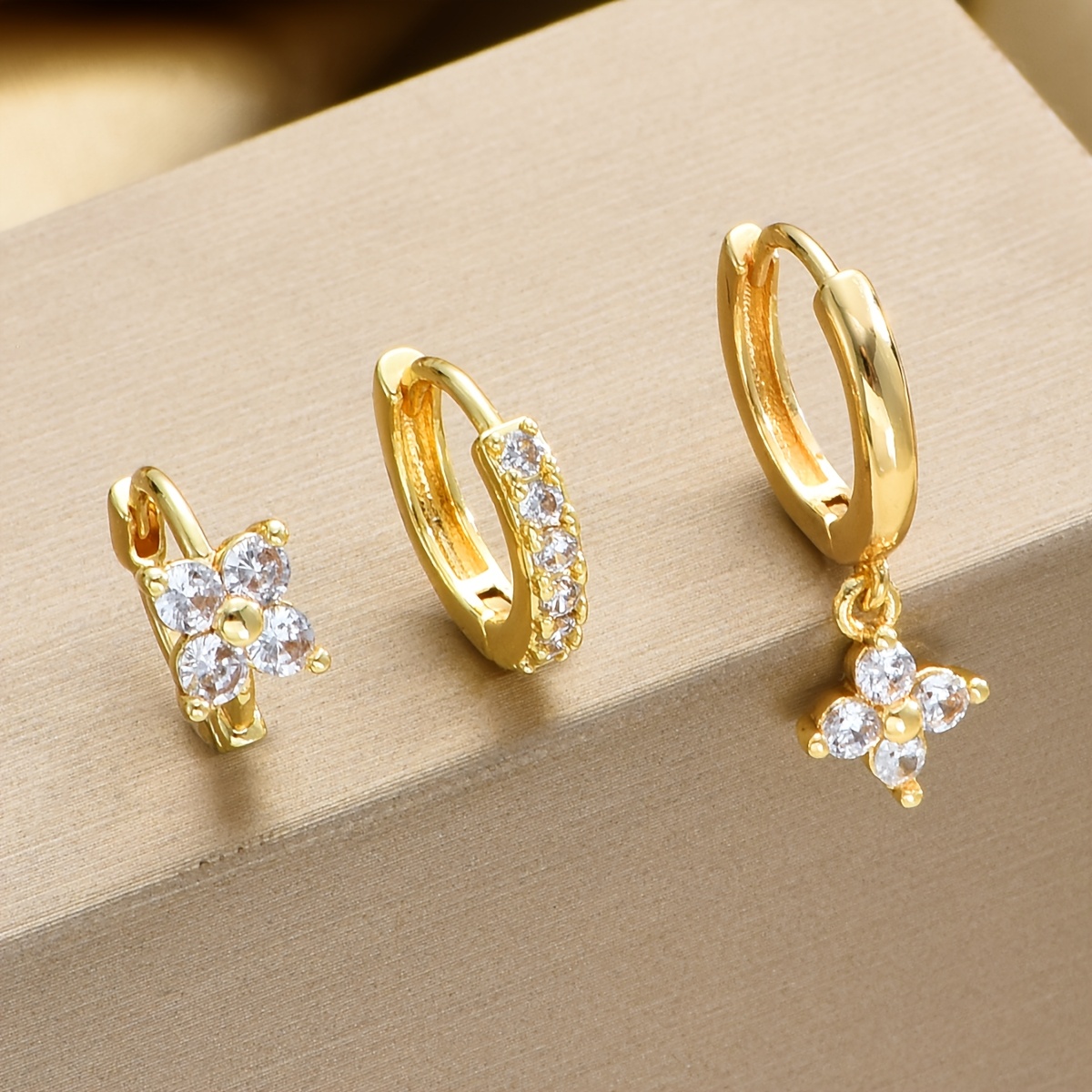TEMU Minimalist Individual Light Luxury Gold-plated Zirconia Flower Ear Jewelry Set 3pcs Golden Ear Jewelry Women's