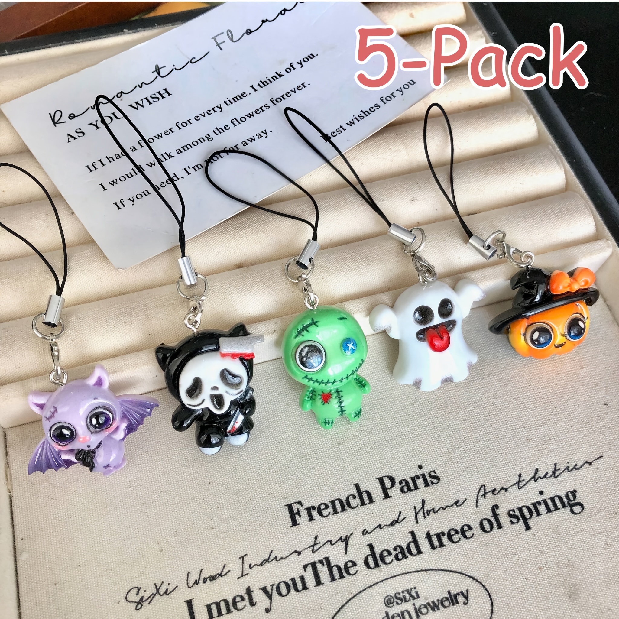 E-shop 1 Packung mit 5 Halloween Kürbis Cartoon Harz Anhänger Handy Lanyard, Rucksack Lustige Dekoration, Süße und Ausgefallene Handyhülle, Mädchenhaft