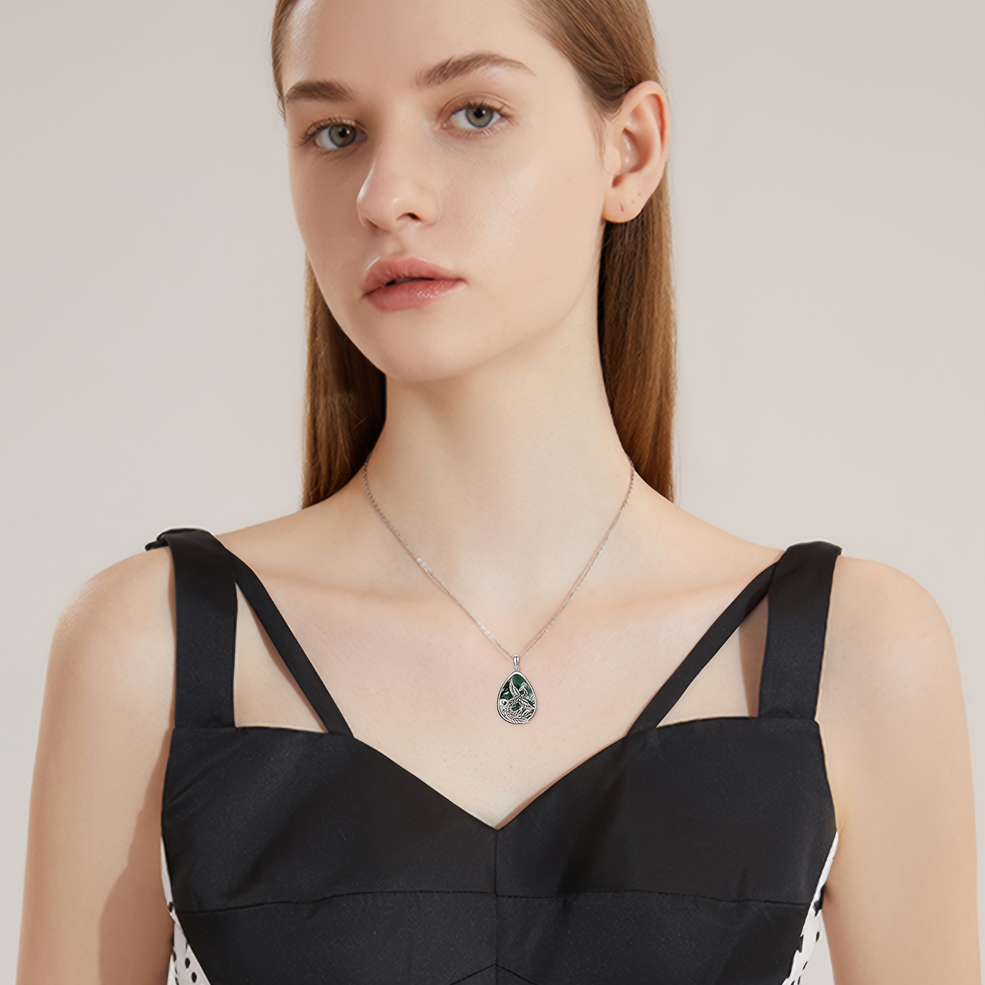 Women's Moss Agate Phoenix Pendant Necklace, 925 Sterling Silver