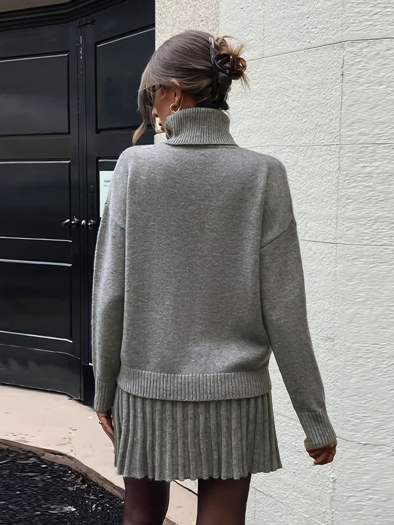 Grey Pleated Skirt Winter Outfit Knit Sweater And Skirt Set