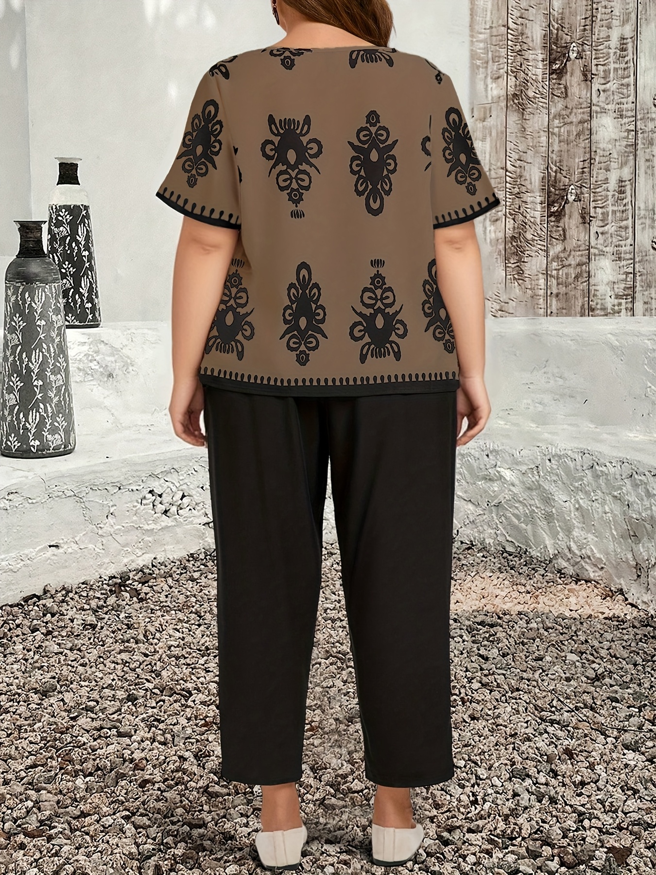 plus size casual country print losse lange mouwen trui en broek tweedelige set, elegant herfst   2